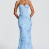 Vestido de Noche Floral para Mujer, Estilo de Banquete de Alta Gama, Elegante Tirante Fino, Corte Ajustado, Sin Mangas, Sin Tirantes, Espalda Descubierta Estilo Francés, Vestido Largo de Color Sólido