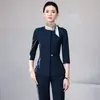 Conjunto de Terno Profissional Azul Marinho com Manga Três Quartos para Mulheres, Novo Verão de Alta Qualidade, Roupa de Trabalho para Gerente de Salão de Beleza, Recepção de Hotel
