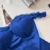 Top de encaje sexy vintage strapless azul de tiras con escote en V para mujer