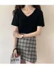 Camiseta de Verano Estilo Coreano Cuello en V Color Sólido Casual Versátil Seda de Hielo Acanalada Manga Corta Top Holgado para el Día a Día