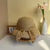Estilo Japonés Lazo Floral Fresco Sombrero de Pescador de Paja para Mujer Verano Vacaciones en la Playa Protección Solar Sombrilla Plegable