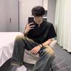 Playera de Media Cremallera con Hombrera para Hombre cleanfit Pesada Manga Corta Estilo Americano High Street Diseño con Remaches Sentido Suelto Top T para Hombre