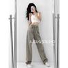 JUGUG Jeans Reto Cinza Fumê Feminino Primavera 2022 High Street Solto Slim-fit Calça de Perna Larga