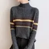 2025 Outono e Inverno Novo Tricô Andy de Veludo Meia-Gola Alta Manga Longa Feminino Listras Verticais Color Blocking Camisa de Base Top