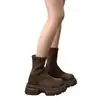 Botas Curtas de Solado Grosso para Mulheres 2026 Novo Outono Inicial Elásticas Slim Botas Estilo Britânico Retrô Botas Chelsea