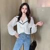 2025 Nuevo Otoño Mujer Estilo Coreano Holgado Adelgazante Punto Estilo Occidental Solapa V Grande Doble Botonadura Top Corto