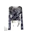 Camiseta de Manga Larga de Malla Fina con Estampado Tie-Dye, Cuello Redondo, Estilo Coreano, Nueva, Protección Solar, Top Corto con Cordón, Estilo Occidental