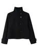 Chaqueta corta elegante de mezcla de lana con cuello alto para mujer, comercio exterior transfronterizo, estilo commuter, corte A holgado, botones inclinados irregulares, chaqueta casual