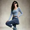 Conjunto de Pilates Estilo Primavera y Otoño para Mujer, Bloque de Color Cuello en U con Almohadillas en el Pecho, Mangas Largas, Falso Dos Piezas, Pantalones Falda Plisados, Ropa Deportiva Adelgazante
