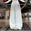 Pantalones de chándal grises jaspeados para mujer de cintura alta y pierna ancha con cordón, diseño plisado y silueta fluida hasta el suelo, adecuados para el gimnasio o para uso casual