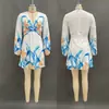 Amazon Nuevo Estilo Europeo y Americano Moda Femenina Vestido Corto de Manga Larga con Estampado, Cuello en V, Mangas Abullonadas y Cintura Ajustada