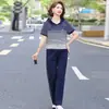 Conjunto Esportivo Moderno para Mães 2026 para Mulheres de Meia-Idade e Idosas, Conjunto de Duas Peças Fino de Manga Curta para o Verão com Camisa Listrada