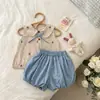 Conjunto de Moda para Niñas Ningli Verano Nuevo Elegante Cuadros Bordado Cuello de Muñeca Top y Pantalones Cortos Florales Conjunto de Dos Piezas