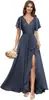 Vestido de dama de honor de gasa con escote en V y manga acampanada, estilo europeo y americano, con cintura plisada y abertura, vestido largo formal para fiesta de boda