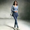 Conjunto de Yoga para Mujer Manga Larga con Almohadillas en el Pecho Cintura Cruzada Falda-Pantalón Bloque de Color Cintura Alta Levanta Glúteos Pilates Fitness Conjunto de Dos Piezas