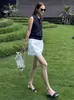 Chaleco Superior sin Mangas Azul Marino Lyocell Tencel Lino Cuello Polo Fresco para Mujer Camisa Polo de Verano para Mujer Verano