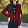 Cárdigan de punto fino para mujer, otoño e invierno, con contraste de botones de colores en la tapeta, estilo de dos piezas falso, suéter casual holgado versátil