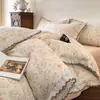 Conjunto de cama de quatro peças em algodão e linho estilo vintage francês, capa de edredom de renda 100% algodão, conjunto de lençol de cama de três peças para dormitório, lençol com elástico