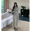 Outono e Inverno Novidades Tricô de Manga Longa Canelado Feminino Estilo Coreano Elegante Saia Longa Plissada Conjunto de Lã Duas Peças