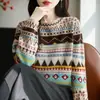 Suéter de Punto Pulóver Versátil de Cuello Redondo Estilo Étnico Retro para Mujer Elegante Bloque de Color Jacquard Holgado Top Base