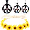 Accesorios de Disfraz Hippie de los años 60 Diadema de Girasol Gafas Redondas y Collar de Cincel de Paz Aretes traje