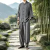 Conjunto de Camisa y Pantalones de Algodón y Lino para Hombre Estilo Chino Nuevo Verano 2026, Traje Tang con Cuello de Botones, Conjunto Casual de Dos Piezas