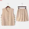 Verano Algodón Lino Delgado Mediana Edad y Ancianos Chaleco Chino Chaleco Traje de Pantalones Cortos sin Mangas Chaleco Camisa Han Chaqueta Vintage de Hombre