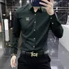 Camisa masculina de manga comprida de marca francesa de luxo, corte slim, elástica, novo modelo de outono, resistente a rugas, cor sólida, camisa casual