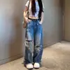 Jeans Largo Rasgado Estilo Scimitar para Mulheres, Novo Estilo Fino de Verão 2026, Tamanhos Grandes, Emagrecedor, Calça Reta Solta