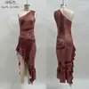 Estilo Europeo y Americano Transfronterizo 2026 Nuevo Retro Estampado Patchwork Asimétrico Vestido Largo Ajustado Vestido con Abertura Alta