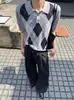Suéter de Tricô com Gola Polo Color Block e Padrão de Diamante, Suéter Unisex de Manga Curta Amigo da Pele, Camada Base de Meia Manga, Camada Interna com Camiseta de Gola Reversível