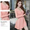 Listo de Fábrica Hecho a Mano Otoño e Invierno Transfronterizo Rosa Melocotón Cuello en V Manga Larga Vestido para Mujer Cintura Adelgazante Aspecto Deseo Puro Manga Larga Falda Línea A