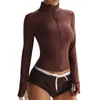 Jaqueta de yoga com gola alta e zíper, forrada de fleece, para mulheres, top esportivo de manga longa slim fit para outono e inverno, roupa fitness