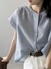 2026 Nueva Camisa de Manga Corta con Cuello Redondo y Rayas Estilo Coreano y Japonés para Mujer, Verano Sencilla Nicho Holgada Versátil Única
