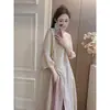 Verão Novo Alta Qualidade Feito à Mão Botão de Sapo Renda Laço Estilo Chinês Vestido Feminino Cor Sólida Design Sense para o Trabalho Saia Longa