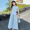 Conjunto de Niña Verano Estilo Coreano Ajuste Delgado Camiseta de Manga Corta Pantalones de Pierna Ancha a Cuadros Conjunto de Dos Piezas Conjunto para Niños Mediano y Grande Delgado
