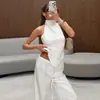 Conjunto Casual de Moda Top tipo Camiseta de Satén con Cuello Halter Pantalones Rectos Pantalones Largos Estilo Europeo y Americano Transfronterizo Conjunto Versátil de Dos Piezas