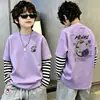 Camiseta de Manga Larga con Parches Rayados para Niños, Falsa Dos Piezas, Capa Base de Algodón Puro, Primavera Otoño 2026 Nuevas Llegadas, Ropa para Niños Medianos y Grandes