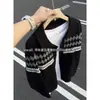 Chaqueta de Punto con Cuello Polo Estilo Retro Americano para Hombre Otoño Cardigan de Punto Jacquard a Cuadros Chaqueta Casual Holgada