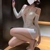 Celebridad de Internet Deseo Puro Espalda Descubierta Lencería Sexy Jacquard de Rosa Malla Hueca Cuello Halter Body de Una Pieza Ceñido Corto