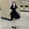 Vestido Negro Corto Francés, Diseño Estilo Palacio, Verano 2025 Nuevo Look Adelgazante de Cintura Vestido de Lazo de Manga Corta para Mujer