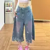 Pantalones Vaqueros Lavados Bordados de Gato para Mujer Verano Nuevas Llegadas Petite Sueltos Adelgazantes Versátiles Casuales de Pierna Ancha