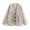 Inverno 2024 Novo Roupa Feminina Estilo Europeu e Americano Moda Simples Solta Faux Wed Laço Cadarço Jaqueta Cardigan