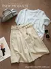 Calça casual elegante com cinto ~ Novo 2025 shorts femininos versáteis de perna reta, shorts de verão de cintura alta emagrecedores