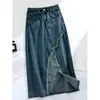 Saia Jeans com Barra Irregular Cortada Média Feminina 2025 Outono Efeito Emagrecedor Cintura Alta Nova Roupa Feminina Cobrindo a Medida