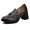 Versión de Piel de Oveja de Zapatos de Tacón Alto Estilo Camelia Retro, Zapatos Planos de Tacón Grueso para el Trabajo de Una Pierna, Elegantes Zapatos Pequeños de Cuero Negro para Mujer