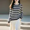 Suéter rayado vintage de punto fino para mujer, jersey holgado casual de cuello redondo, top fino calado, adecuado como capa base