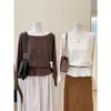 Tiro real~ Suéter de punto liso color sólido estilo coreano con cuello en U y manga larga para mujer, estilo casual y relajado, otoño 25265