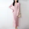 Vestido de Tricô Gola V Liso Lã Pura Inverno 2026, Manga Longa Feminino Slim Fit Costurado Cor Sólida Comprimento Médio
