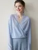 Moda Francesa Otoño e Invierno Nuevo Estilo Suéter de Punto de Manga Larga Suave Encaje Cruzado Cuello en V Suéter de Cachemira Estilo Delgado para Mujer